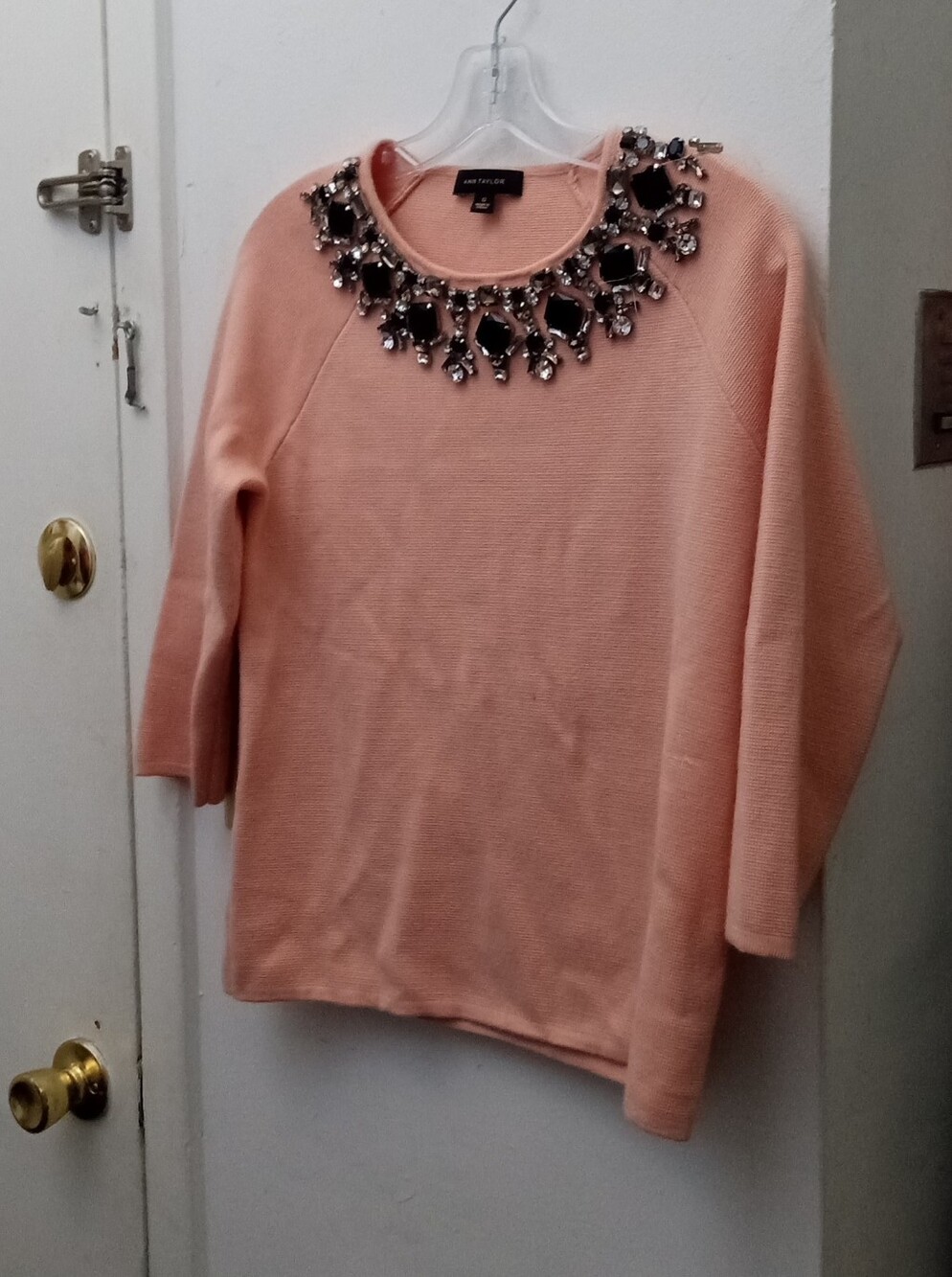 Ann Taylor Peach Jeweled Crew Neck Sweater